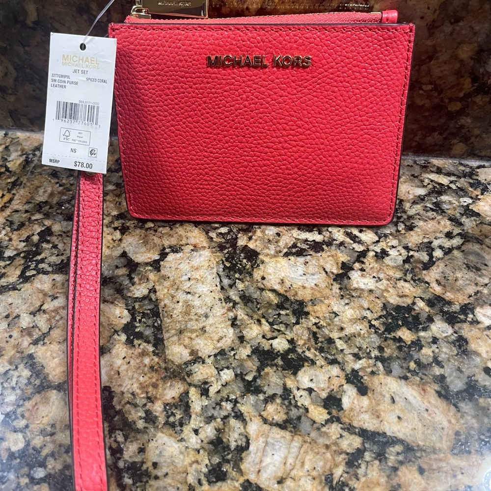 Michael Kors Jet Set Leather Coin Purse Wristlet Inner Keychain ID Spiced Coral